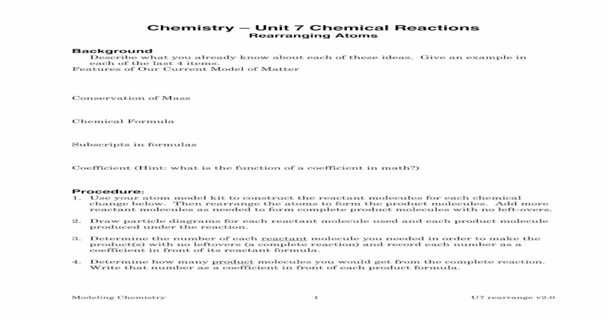 Chemistry unit 7 chemical reactions rearranging atoms answer key